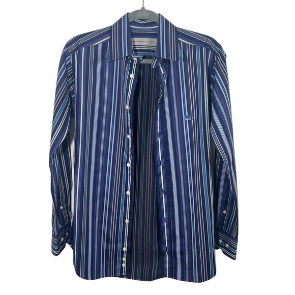 Etro Men's Button-Down Shirt Blue Striped Long Sleeves Size 37 See Measurements - Picture 9 of 14